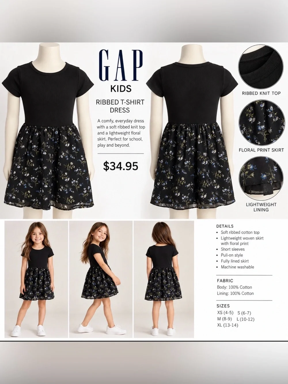 GAP Kids Black Ribbed T-Shirt Dress with Floral Skirt, Size M 8-9